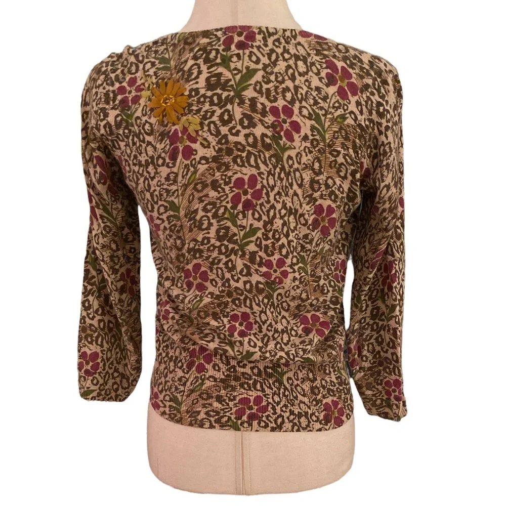 Sparrow Anthro Embellished Floral Leopard Ruffle Draped Cashmere Cardigan - XS - Picture 6 of 13